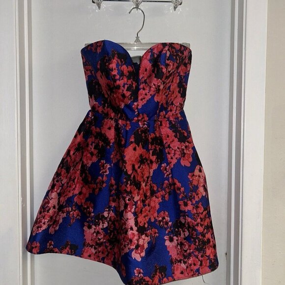 B. Darlin Red & Blue Floral Illusion Printed Strapless Formal Prom Dress Size XS - Picture 2 of 9
